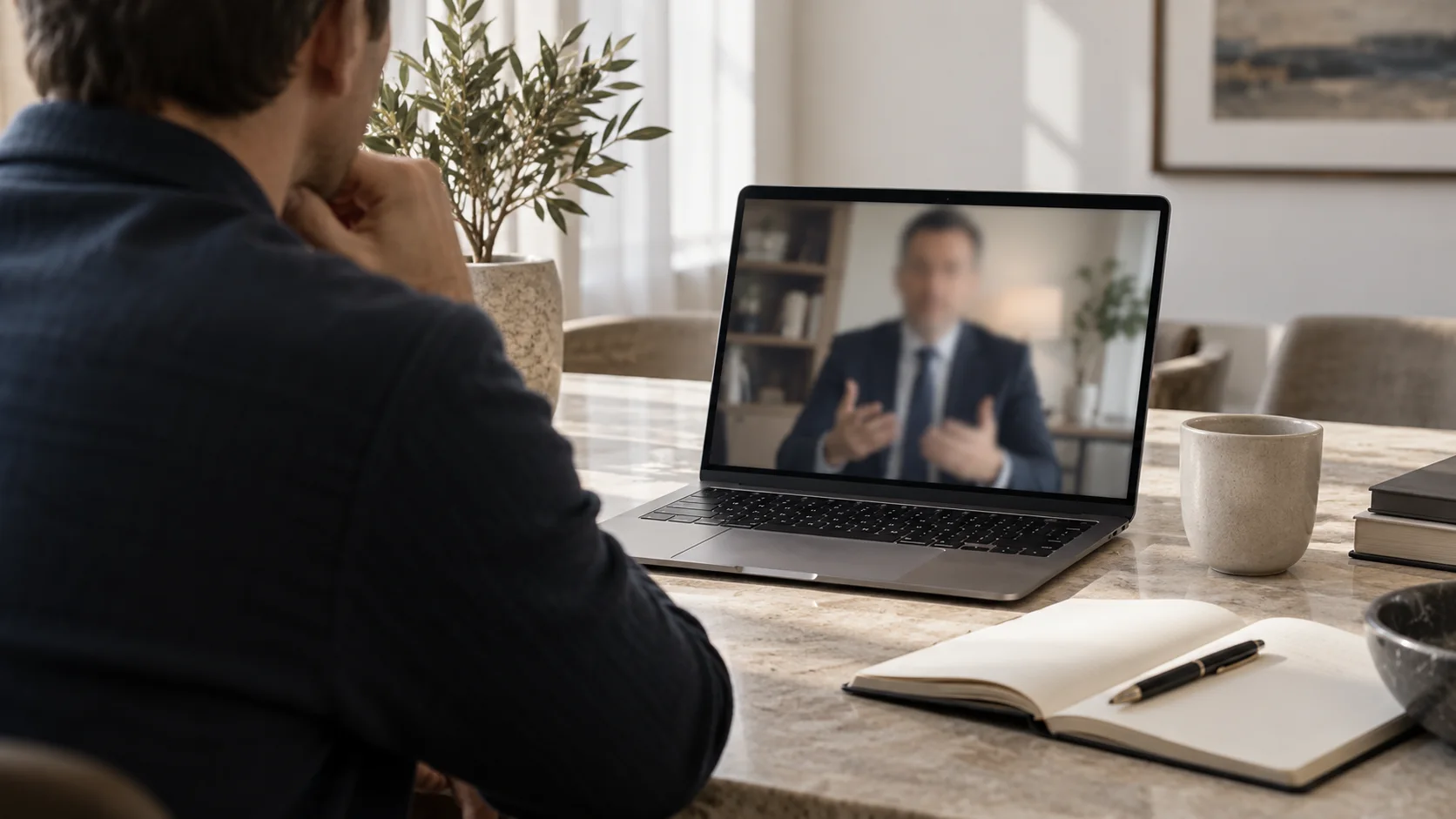 Imagem ilustrativa de um cliente em conversa por vídeo com um advogado